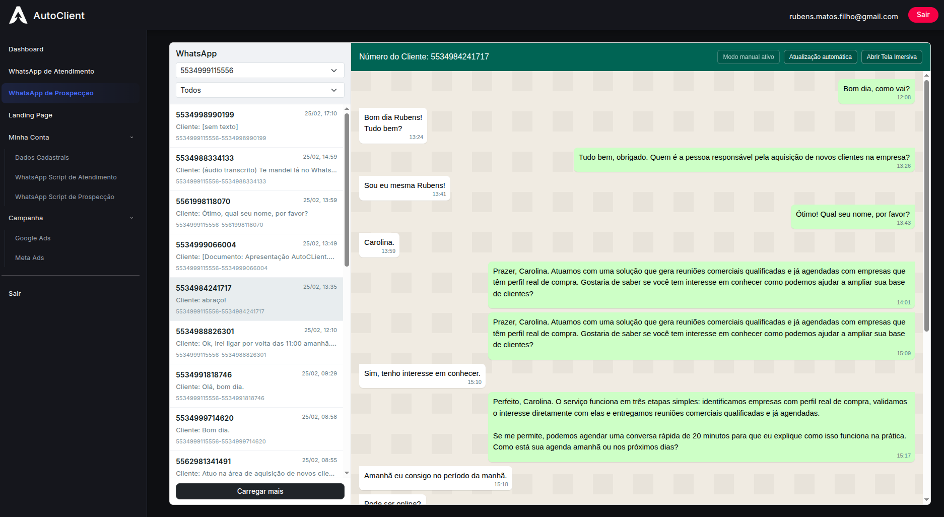 Dashboard com graficos de atendimento, prospeccao e performance comercial com inteligencia artificial